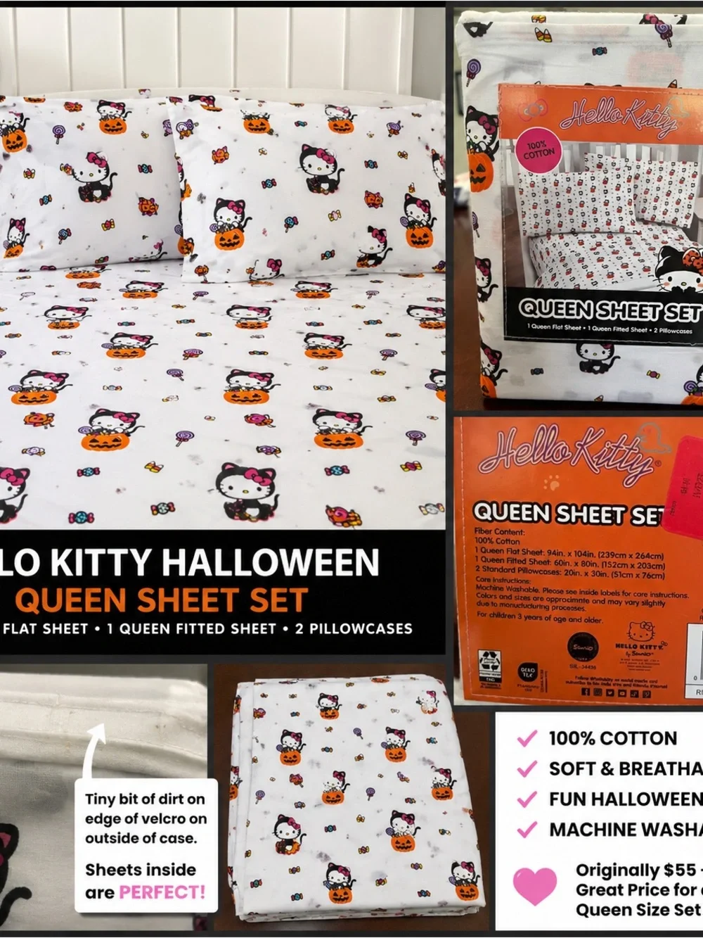 Hello Kitty Halloween Queen Sheet Set - White with Orange & Pink Accents